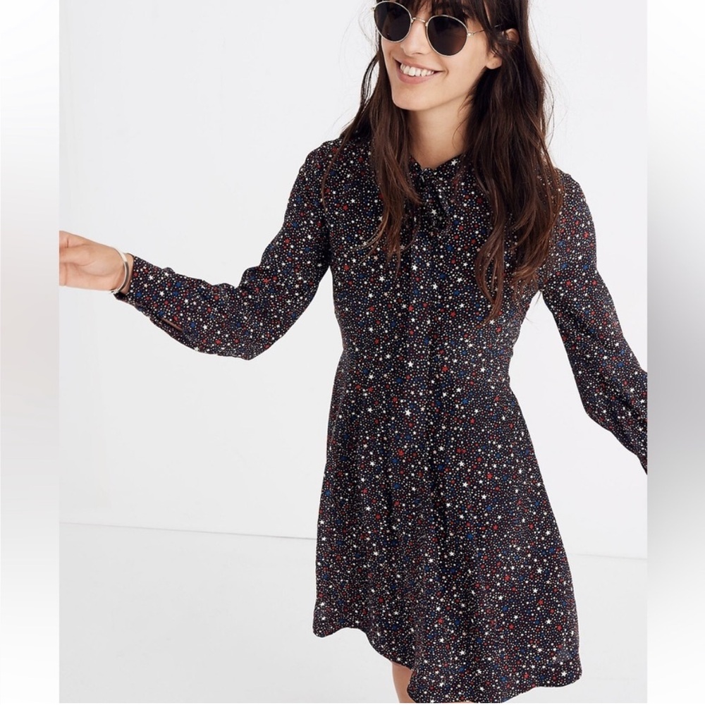 Madewell Balsam Tie-Neck Dress Starry Night Print Size 0 100% Silk